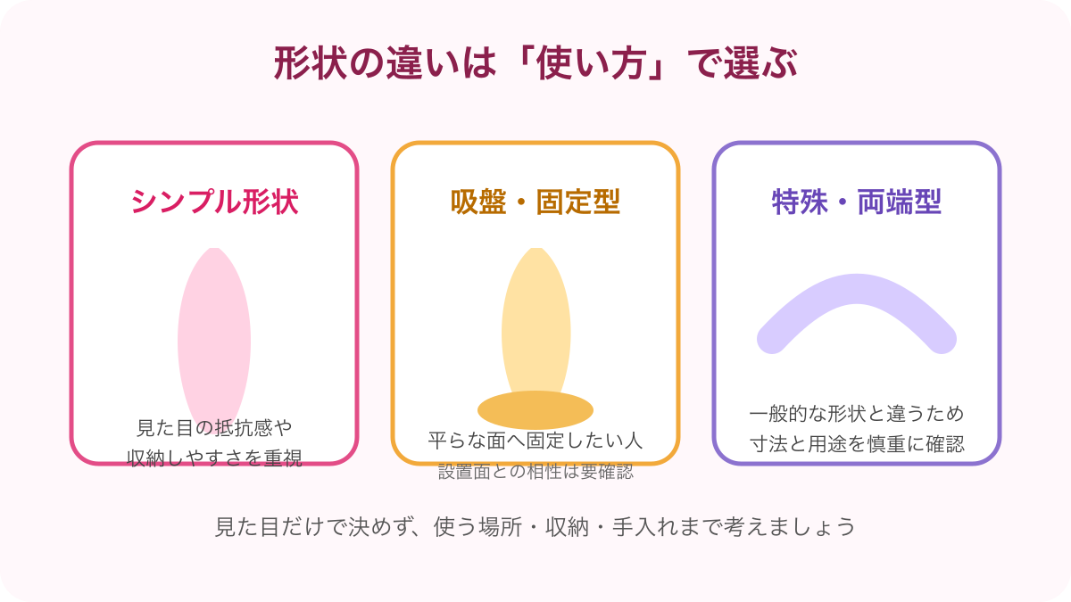 ディルドのシンプル形状・吸盤付き・両端型の違い