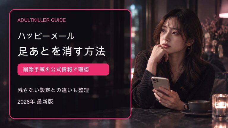 ハッピーメールの足あとを消す方法と残さない設定を表すアイキャッチ