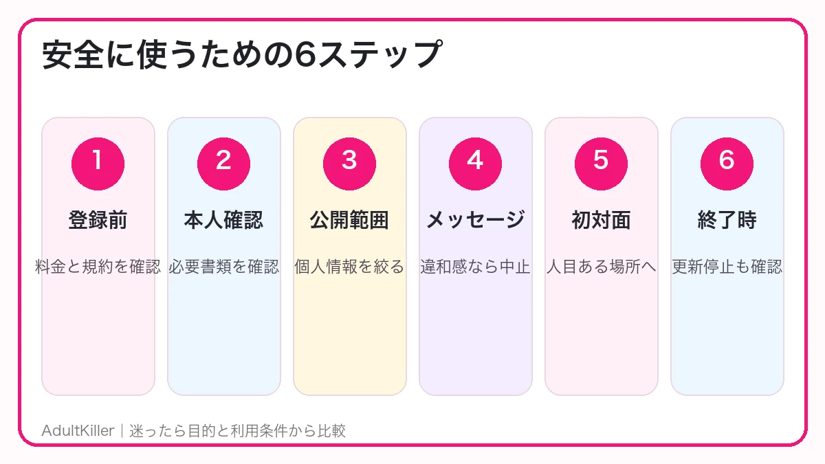 登録前確認から本人確認・メッセージ・初対面・自動更新停止までの安全な利用手順