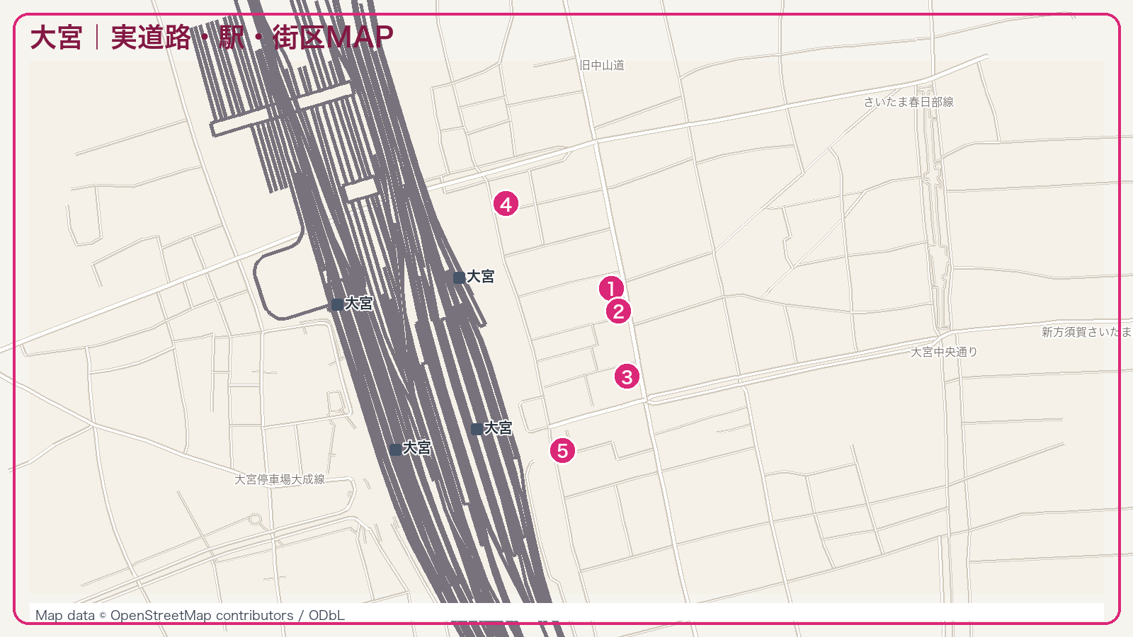 大宮の道路・駅・街区と掲載スポットの実座標MAP