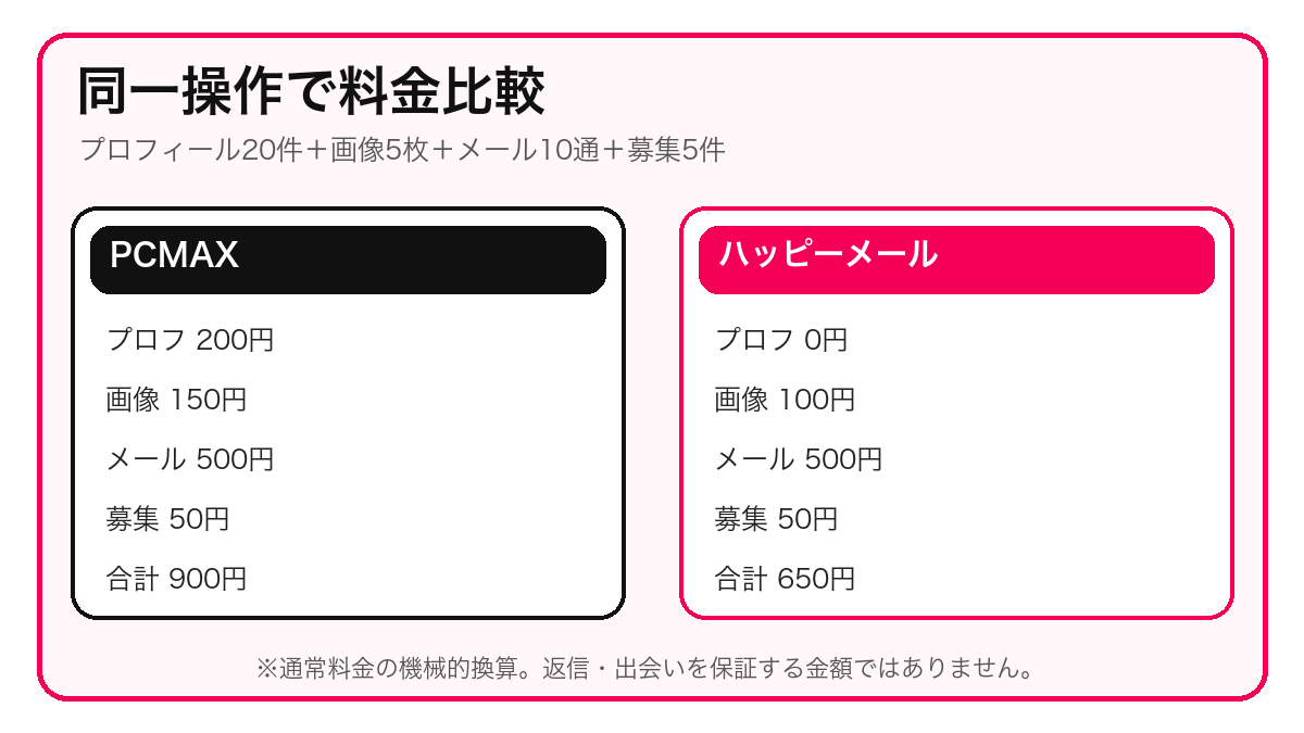 PCMAXとハッピーメールの同一操作料金シミュレーション
