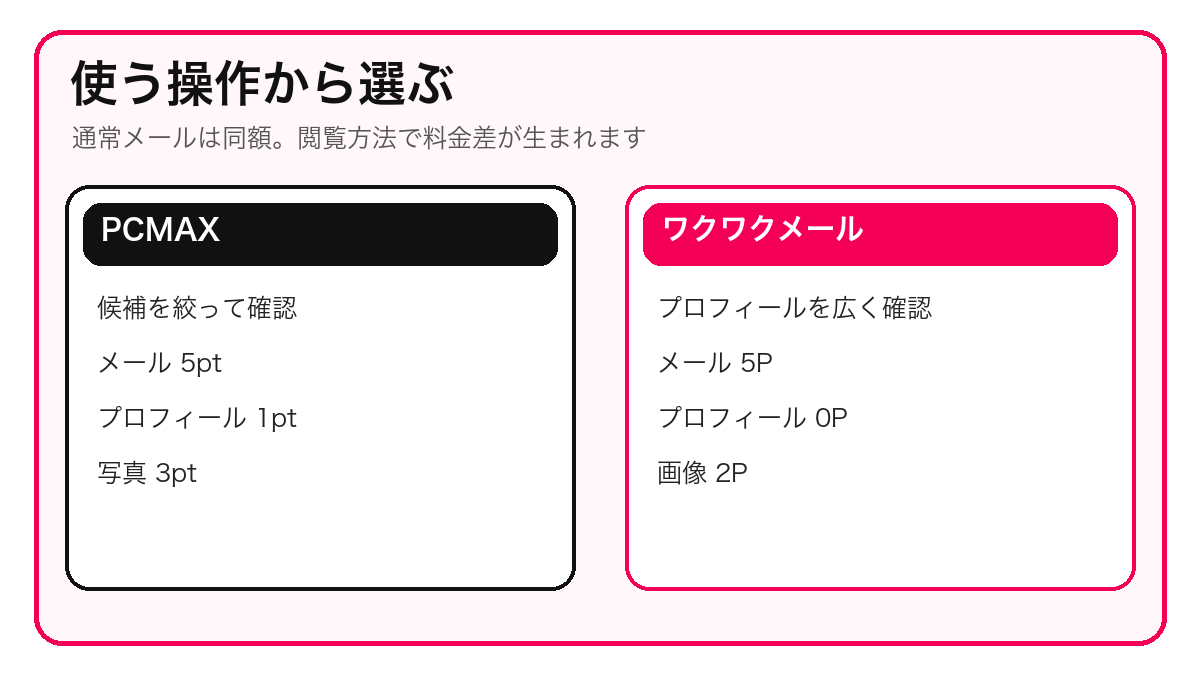 PCMAXとワクワクメールを使う操作から選ぶ比較図