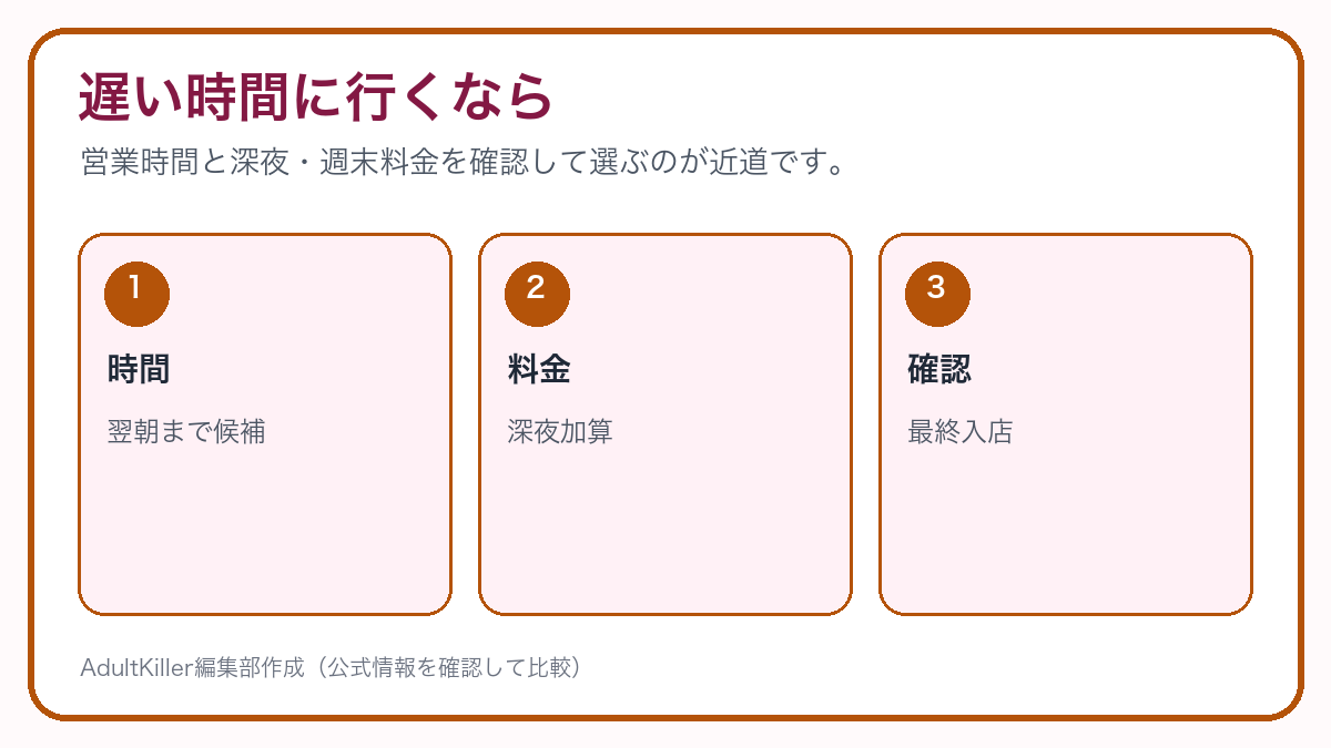 遅い時間まで候補を持つならの選び方を示すAdultKiller自作図解